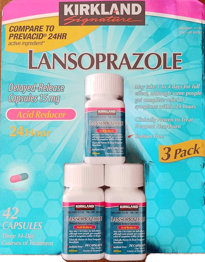 Kirkland Signature Lansoprazole 15 mg. Reductor de ácido, 42 cápsulas