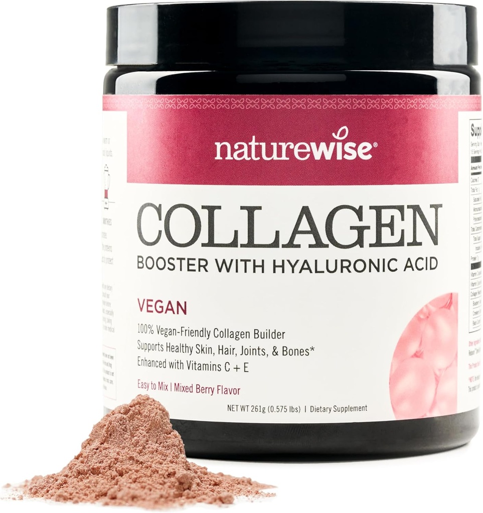 NatureWise Vegan Collagen Powder - Booster Formula for Healthy Hair, Skin, &amp; Nails with Hyaluronic Acid, Vitamin C and E, Protein - Mixed Berry Flavor - Dairy-Free, Non-GMO - 15 porciones