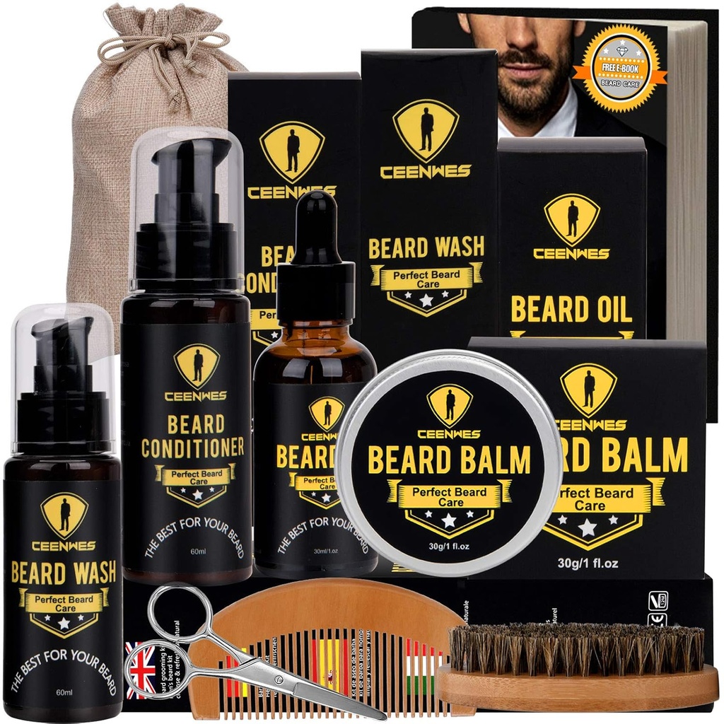 Ceenwes Upgraded Beard Grooming Kit - Conditioner, Oil, Brush, Comb, Balm, Scissors, Storage Bag for Beard and Mustache Trimming, Perfect Men's Gift
