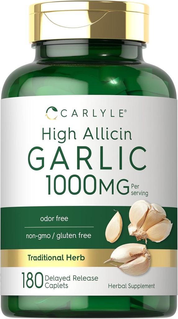 Carlyle Ajo Suplemento 1000mg Silencio 180 Caplets ← Odorless Pills ← High Allicin Extract ← Vegetarian, Non-GMO &amp; Gluten Free
