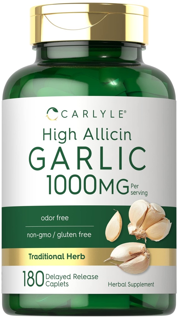Carlyle Garlic Supplement 1000mg | 180 Caplets | Odorless Pills | High Allicin Extract | Vegetarian, Non-GMO & Gluten Free
