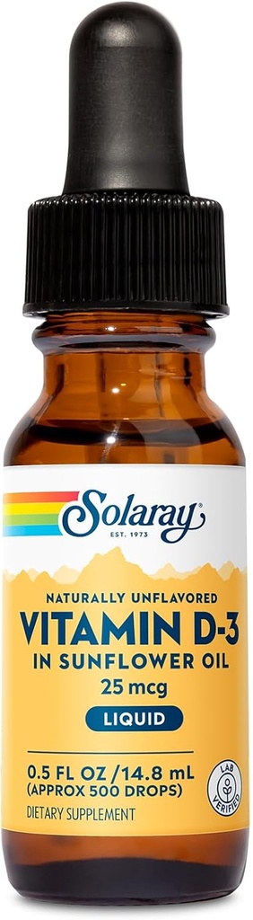 SOLARAY Vitamina D3 Liquid Drops 25 mcg (1000 IU) - Ausorción mejorada Vitamina D gotas en aceite de girasol para VIT D3 Soporte - Naturalmente desflavorado, gotero Incluido - Aprox. 500 servicios, 0,5 oz