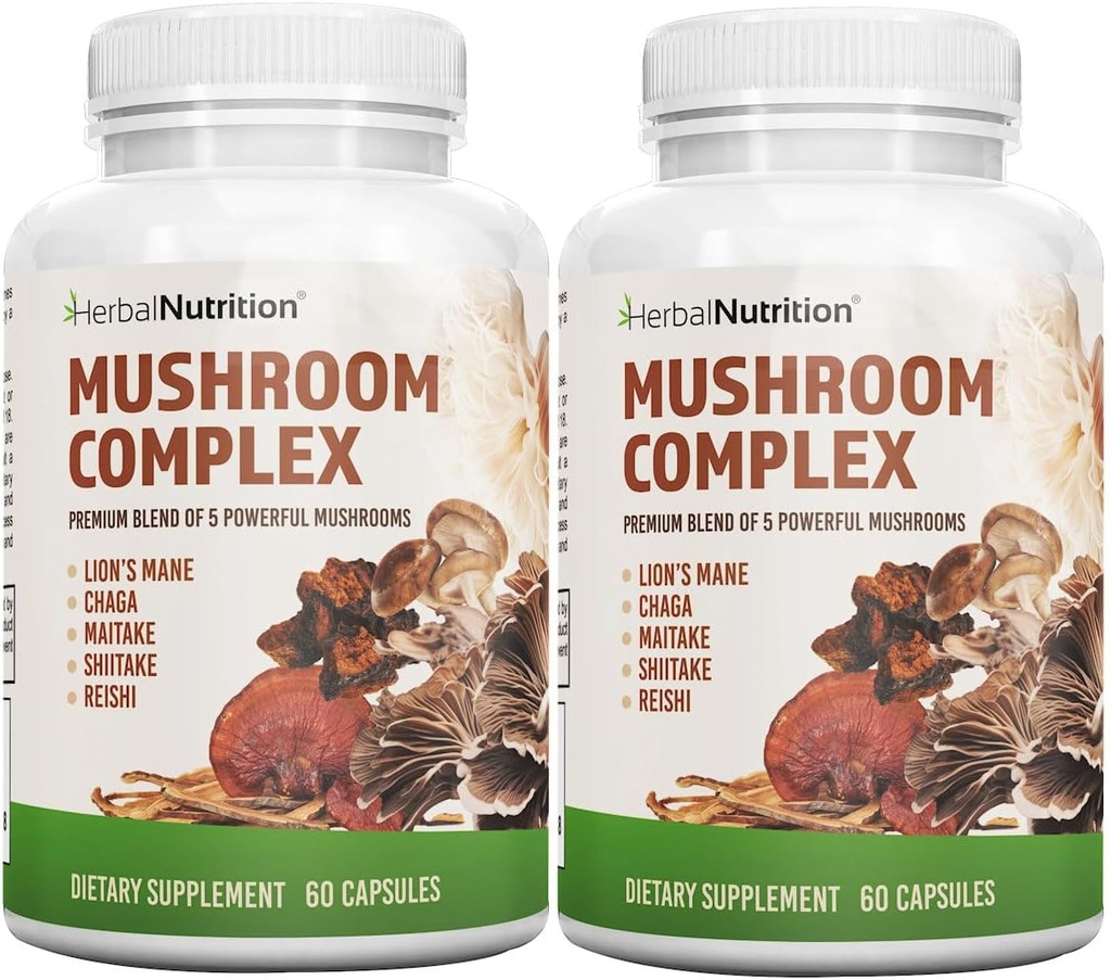 Complejo de baño herbal de nutrición 700mg a 1400mg. Los 5 salones más potentes - Lions Mane, Reishi, Chaga, Maitake, Shiitake - apoya la salud inmune, la salud cerebral nootrópica para la memoria & Focus