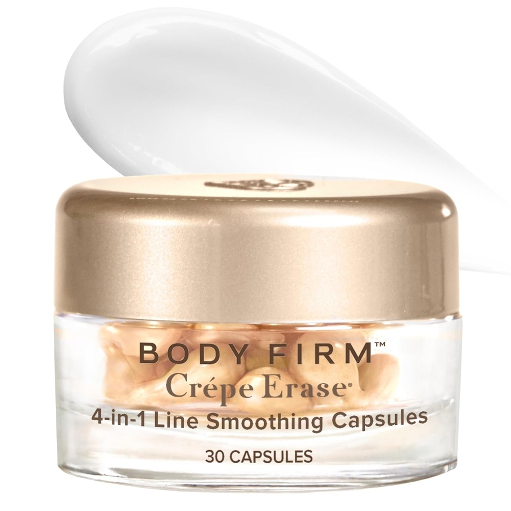 BODY FIRM Crepe Borrar 4-en-1 Línea Smoothing Capsules, Anti-Aging, Hidrating Face and Eye Serum con ácido hialurónico y péptidos multicambio para arrugas, piel de crepe & líneas finas, 30 condes