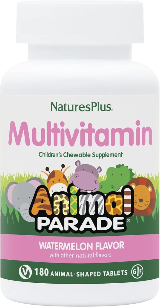 Natures Plus Animal Parade Multivitaminas Chewable para niños, Watermelon - 180 Tablas con Forma de Animales - Promueve Salud &amp; Bienestar - Vegan, Gluten Gratis - 90 Servimientos