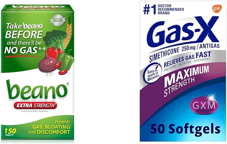 Beano Food Enzyme Suplemento dietético ← Ayuda Digest Gas-Causing Foods  150 Tablets &amp; Gas-X Maximum Strength Gas Relief Softgels with Simethicone 250 mg for Bloating Relief - 50 Conde