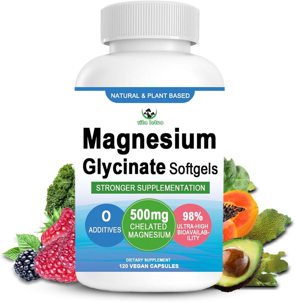 Magnesium Glycinate Suplemento, 2 Meses Supply Pure Magnesium Glycinate 500mg para el soporte para el sueño, la recuperación muscular, Chew Magnesium Softgel High Absorption for Nerve, Heart & Bone, Vegan, Non GMO