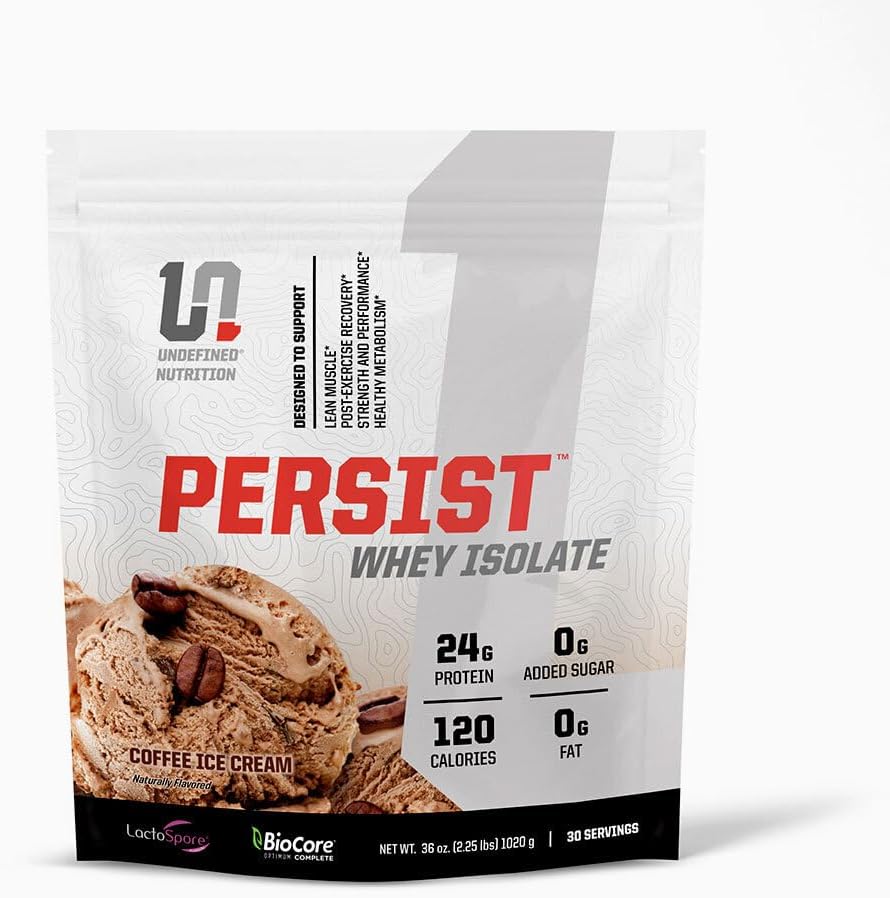Nutrición indefinida Persist Whey Isolate by Brian Shaw - 24g Protein, 30 Servings – Supports Recovery, Strength & Performance - Gluten Free, Fast Absorbing (2.18lbs, Coffee Ice Cream)