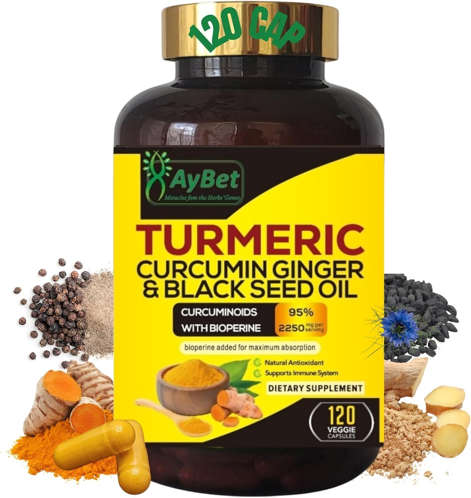 Primer Mundo. Ginger de Curcumina Turmeric y Aceite de Semilla Negra, 120 Caps, 2250mg, 95% Curcuminoides, BioPerin Añadido, Extra Strength,Organic,Halal,Vegan,Support Immune System,Joint Support (120)