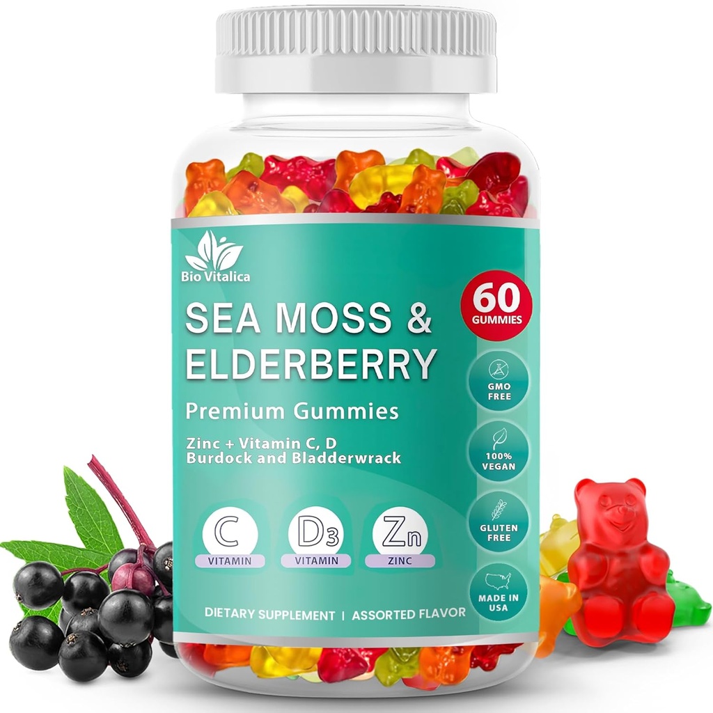 BIO VITALICA Sea Moss Gummies Elderberry BioVitalica - Vitamina C D + Zinc - Irish Seamoss Vegan Gummy with Sea Moss Gel & Powder for Immunity, Detox - para adultos y niños