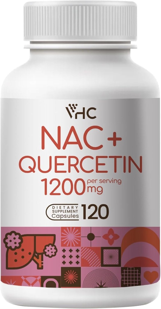 VHC NAC Suplemento, Acetyl L-Carnitine1200mg Plus Quercetin, Optimum Dose (1200mg + 100mg), 2 en 1 Dual Action Formula N-Acetyl-L-Cysteine con Quercetin, para Respiratory, Liver, Immune, Made in USA