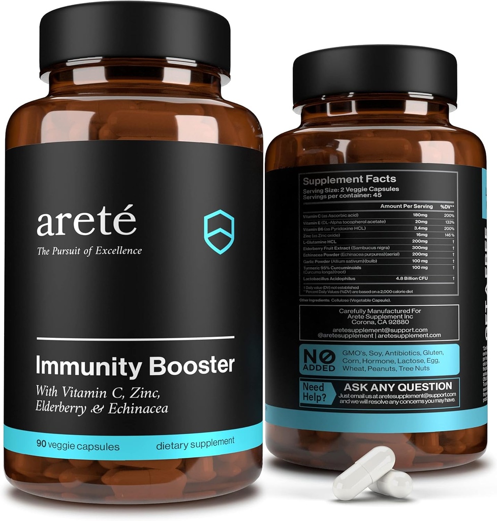 Suplemento de Booster de Inmunidad Premium – 10 en 1 Booster de Sistema de Respiratorio Natural &amp; Inmune, 90 cápsulas, vitamina C, zinc, elderberry, Curcumina Turmérica, ajo, Boosta Probiótica Apoyo Vitaminas