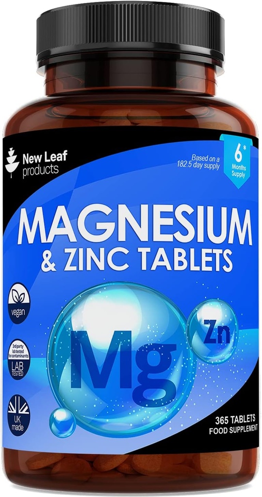 Suplemento de magnesio Magnesio y Zinc Suplemento (6 meses de suministro) Magnesio de alta Absorbencia & Zinc - Huesos musculares & función de inmunológico saludable - Vegano, no GMO, libre de gluten - 365 pequeñas tablas