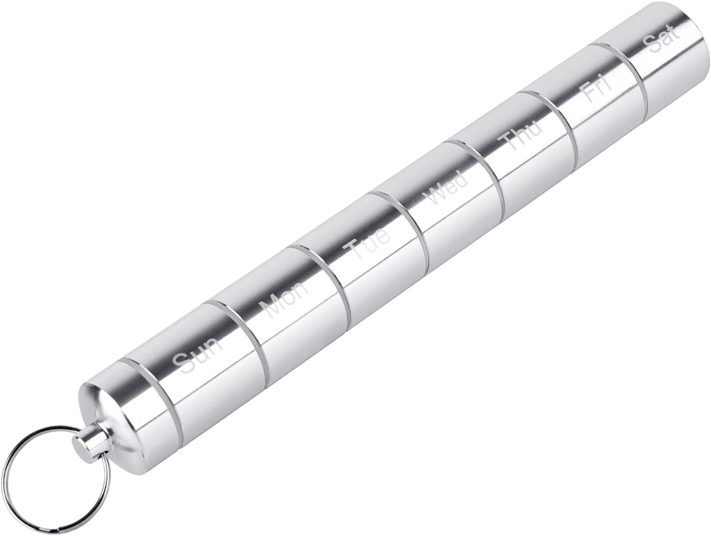 Pill Box Organizer, 7 Caja de Píldora de Píldoras, Contenedor de Medicina de Emergencia A prueba de Agua, Contenedor de Píldoras diarias, Caja de almacenamiento con llavero, Ideal para viajes / salida/Crush-Resistant (Sliver)