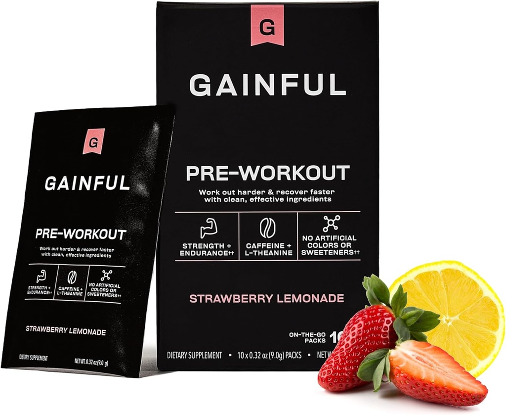 Powder de Pre Workout Gainful con Caffeine Natural & L Theanine for Energy & Focus, L Citrulline " Beta Alanine for Endurance, BCAA's for Muscle Recovery, Vegan, Strawberry Lemonade, 10 Ct