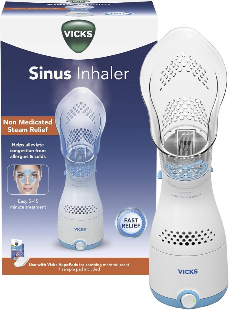 Vicks Sinus Inhaler - Non-Medicated Steam Relief for Allergies, Congestion, Cough " Colds, Vocal Steamer, Soothes Nasal " Throat Passages, Works with VapoPads (1 Includeds)