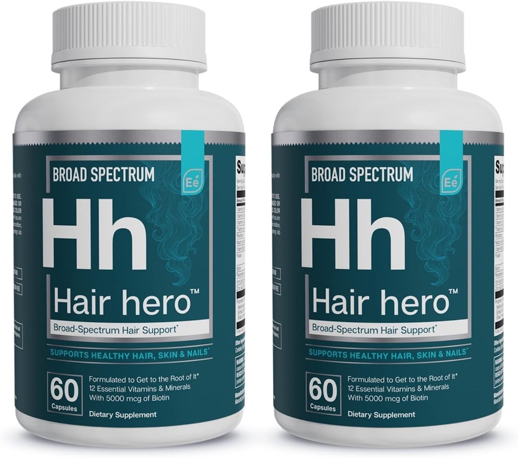 Elementos esenciales® Hair HeroTM - Vitaminas para el cabello para los hombres - Soporte de amplio espectro con 5000 mcg Biotina - 60 Cuenta - 30 Serviciones (2-Pack)