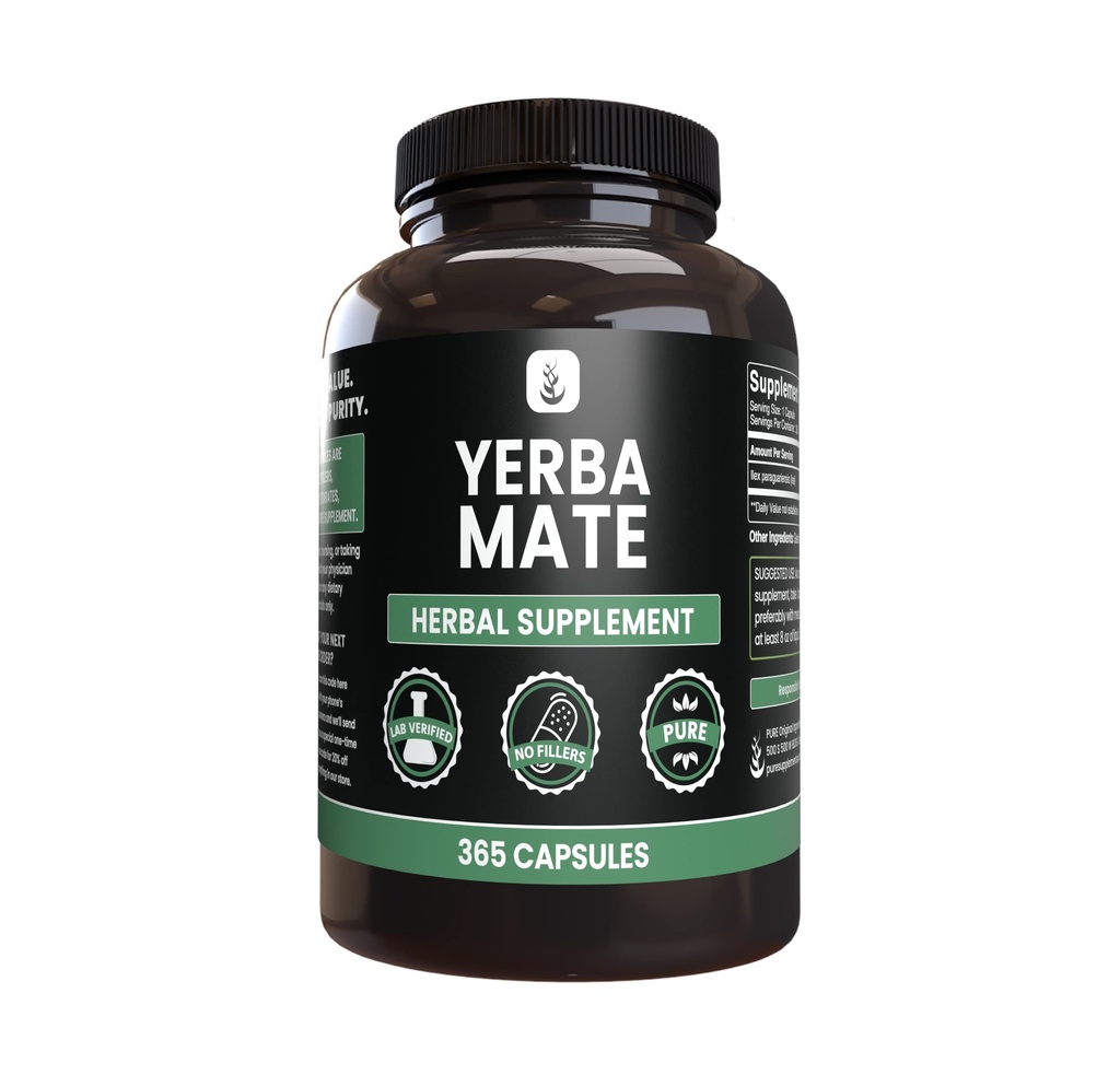PURE ORIGINAL INGREDIENTES Yerba Mate (365 capsules), No Magnesio Or Rice Fillers, Siempre Puro, Lab Verified