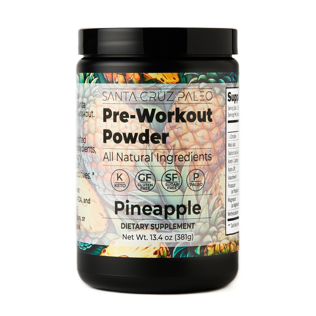 Santa Cruz Paleo Pre Workout Powder Electrolytes, Magnesium, Potassium, Sea Salt & L Citrulline, Caffeine &amp; Sugar Free Preworkout Drink Mix for Energy & Hydration, Pineapple Flavor, 30 Servings
