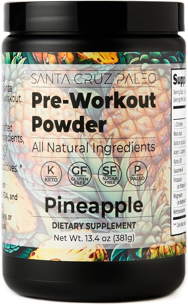 Santa Cruz Paleo Pre Workout Powder Electrolytes, Magnesium, Potassium, Sea Salt & L Citrulline, Caffeine &amp; Sugar Free Preworkout Drink Mix for Energy & Hydration, Pineapple Flavor, 30 Servings