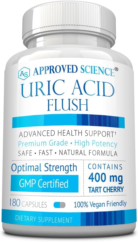 Aprobado Science® Uric Acid Flush Suplemento con ácido fólico y cereza de tarta - 180 cápsulas - 3 meses de suministro