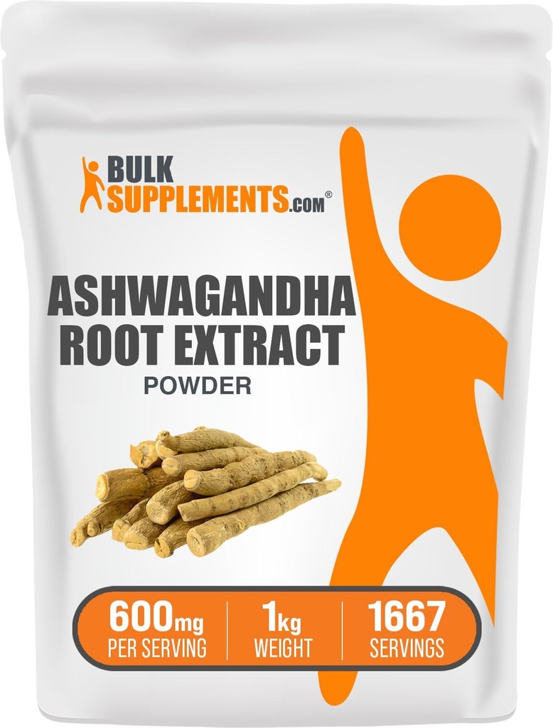 BulkSupplements.com Aswagandha Root Extract Powder - Ashwagandha Supplement, Herbal Supplement - Vegan & Gluten Free, 600mg per Serving, 1kg (2.2 lbs) (Pack of 1)