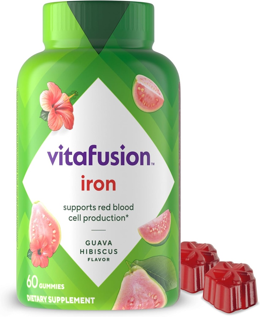 Vitafusion Iron Gummy Suplemento de vitamina, apoya la producción de células rojas de sangre*, Guava Hibiscus Flavor, 30 Servimientos, 60 Cuenta