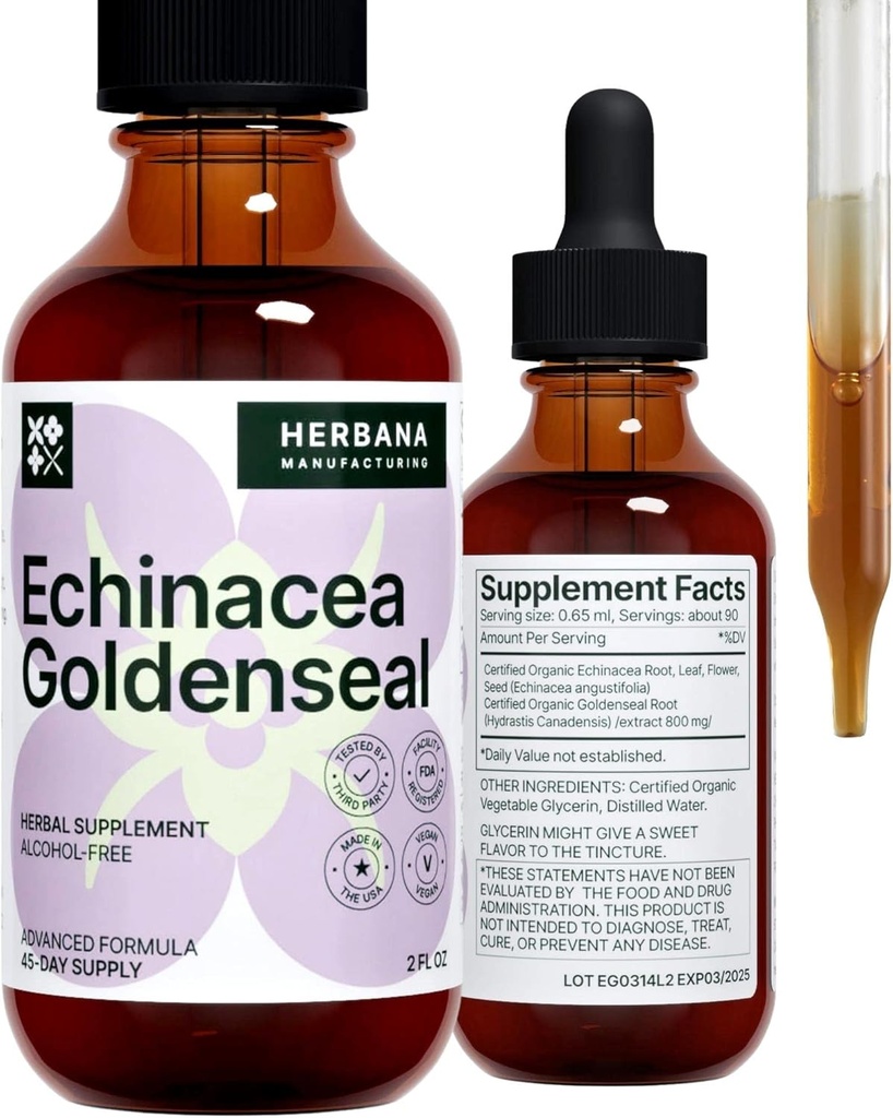Echinacea y Goldenseal 2 fl oz Liquid Extract - Natural Herbal Supplement - Immune Support Drops - Enhance Sleep ¦ Boost Energy - High Potency - 45-Day Supply