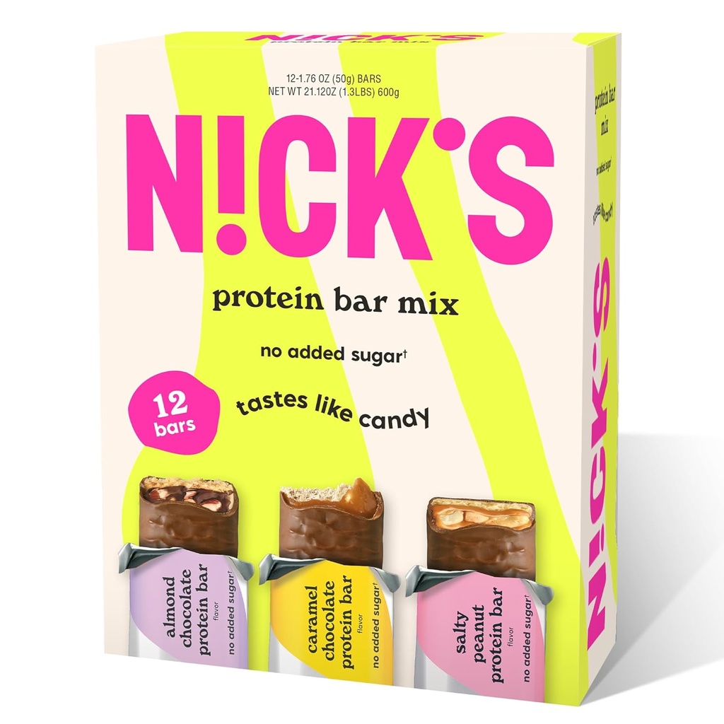 Bares de proteína de Nick Chocolate Variedad Pack Alta Proteína, Calorias bajas, Calorias bajas de carbohidratos amigables No Añadido Azúcar, Maní de Salty, Caramelo de Chocolate y Chocolate de Almendra (12 Pack)