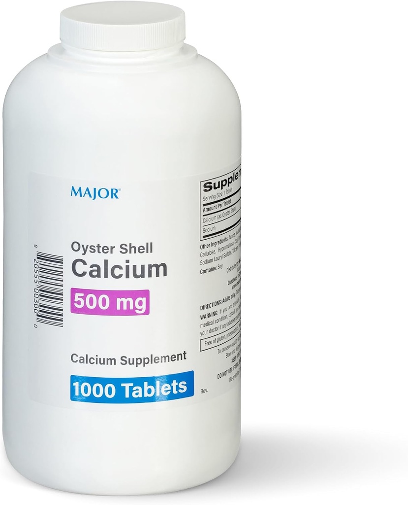 MAJOR Oyster Shell Calcium 500mg - Suplemento dietético diario para la salud ósea y el apoyo conjunto, Suplemento mineral para hombres y mujeres, sin gluten - 1000 Tabletas (1 Pack)