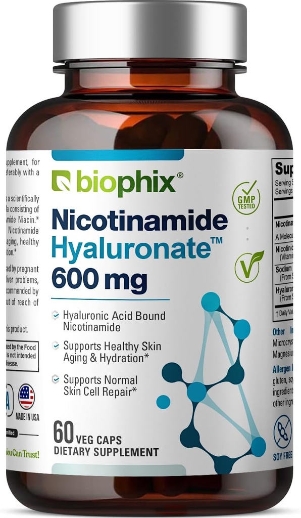 Nicotinamide Hyaluronate 600 mg 60 Vcaps - Natural Flush-Free TEN Gluten-Free Nicotinic Amide Niacin ANTE Hyaluronic Acid ← Soporta Skin Health