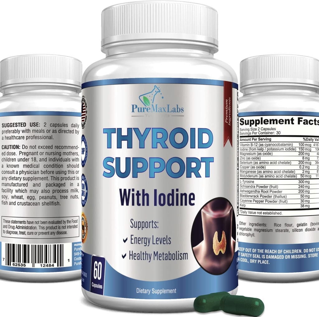Soporte de tiroides con yodo - Metabolismo Booster, Energía de Booster, Aumento de Focus - Suplemento de tiroides Premium No GMO 60 cápsulas