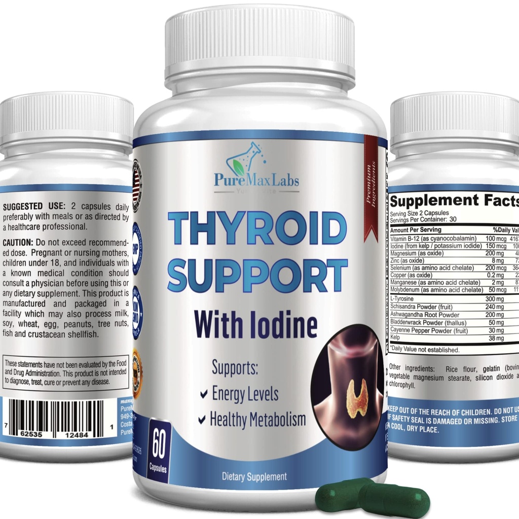 Thyroid Support with Iodine - Metabolism Booster, Energy Booster, Increase Focus - Premium Non-GMO Thyroid Supplement 60 Capsules