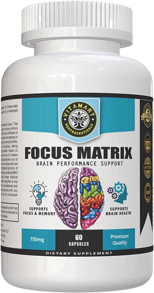 Matriz de enfoque (1 botella) Suplemento de salud cerebral- para un mejor enfoque, memoria, atención, concentración, hoja de Ginkgo biloba, Bacopa Monnieri, pila de enfoque