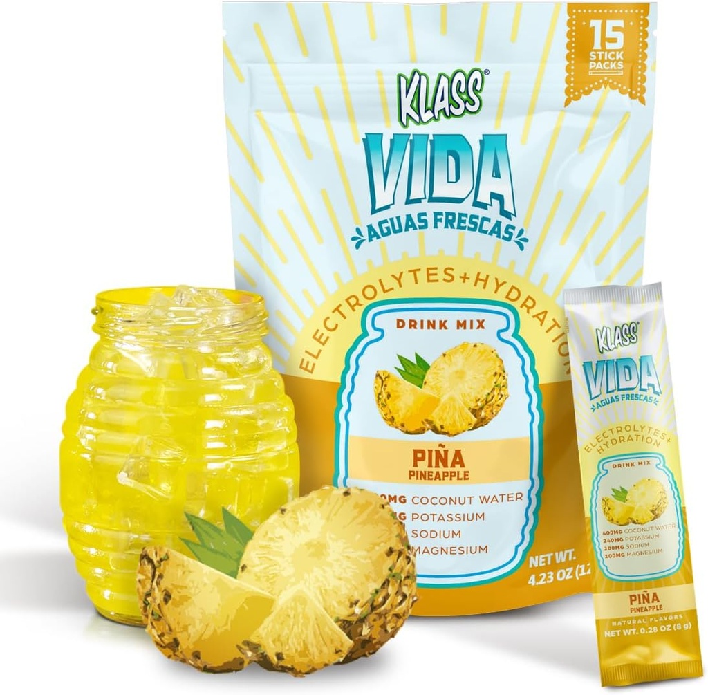 Electrolyte Drink Mix – Pineapple Agua Fresca Flavor ← Polvo de hidratación libre de azúcar con agua de coco " Minerales  durable 15 Single-Serve Stick Packs, baja calorías, sabor natural