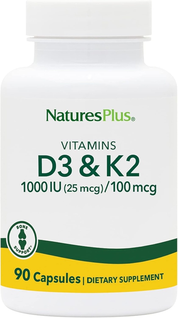 NaturesPlus Vitamins D3 (1000 IU) & K2 (100 mcg) - Vegetarian, Gluten Free - 90 Capsules, 90 Servings