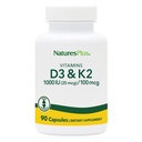 NaturesPlus Vitaminas D3 (1000 UI) & K2 (100 mcg) - Vegetariano, Gluten Gratis - 90 cápsulas, 90 piezas