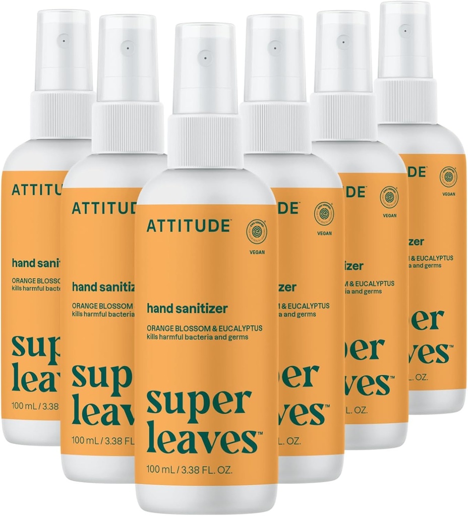 ATTITUDE Hand Sanitizer Spray, EWG Verified, Kills Germs & Bacteria, Vegan " Plant-Based, Safe for Adults " Kids, Orange Blossom " Eucalyptus Scent, 3,38 Fl Oz (Pack of 6) (Spray Bottle)