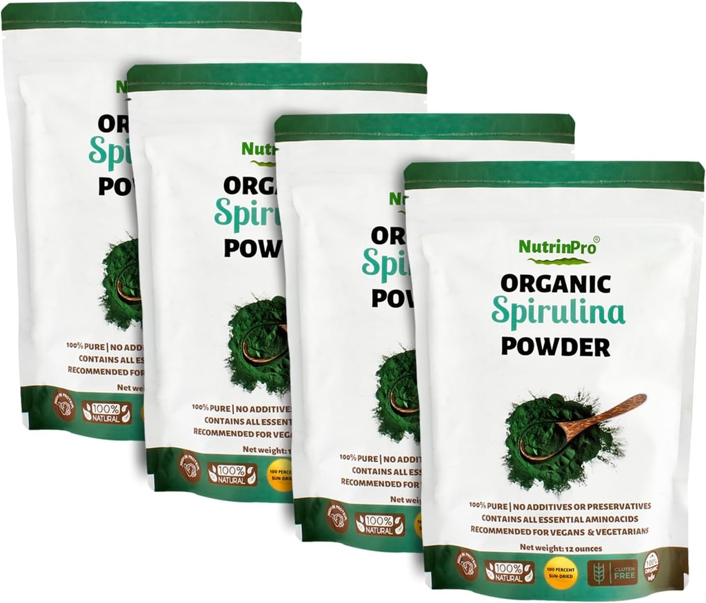 Four Pack Spirulina Powder for Juice and Smoothy Mix; 100% Natural, USDA Organic and Gluten Free, with High Protein, Vitaminas, Antioxidantes y Minerales (12 onzas) (4)