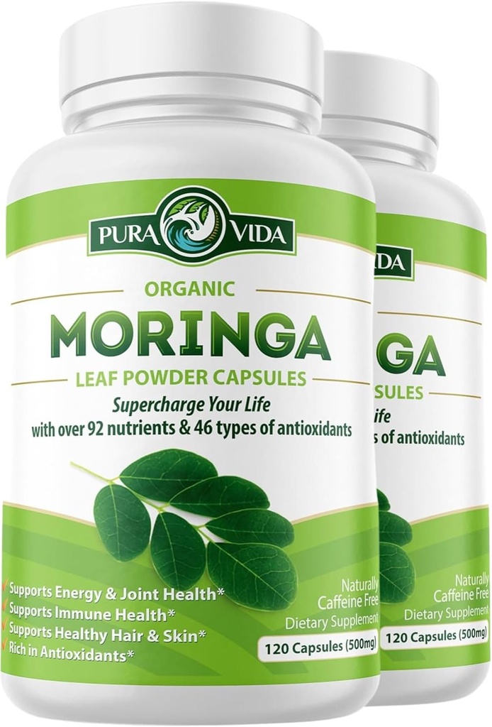 PURA VIDA MORINGA Capsules Single Origin Organic Moringa Powder. Moringa Leaf. Energía, Metabolismo, &amp; Apoyo Inmunitario. 120ct. 500mg Caps. (Pack of 2)