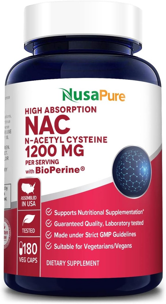 NusaPure N-Acetyl Cysteine (NAC) 1200mg 180 Veggie Caps (Vegetariano, no GMO, Gluten Free) Bioperine