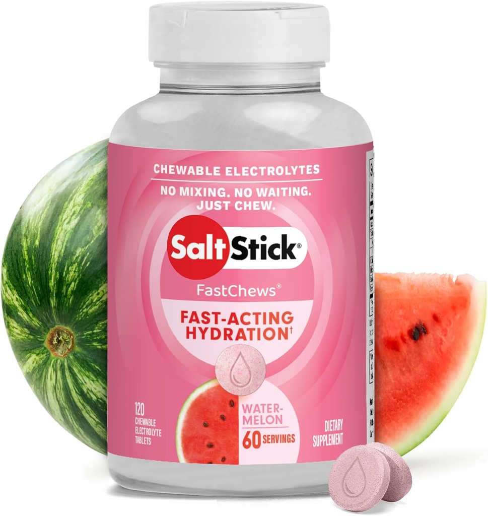 SaltStick Electrolyte FastChews - 120 Watermelon Chewable Electrolytes - Tablas de sal para correr e hidratación, Electrolyte Chews - 120 Cuenta