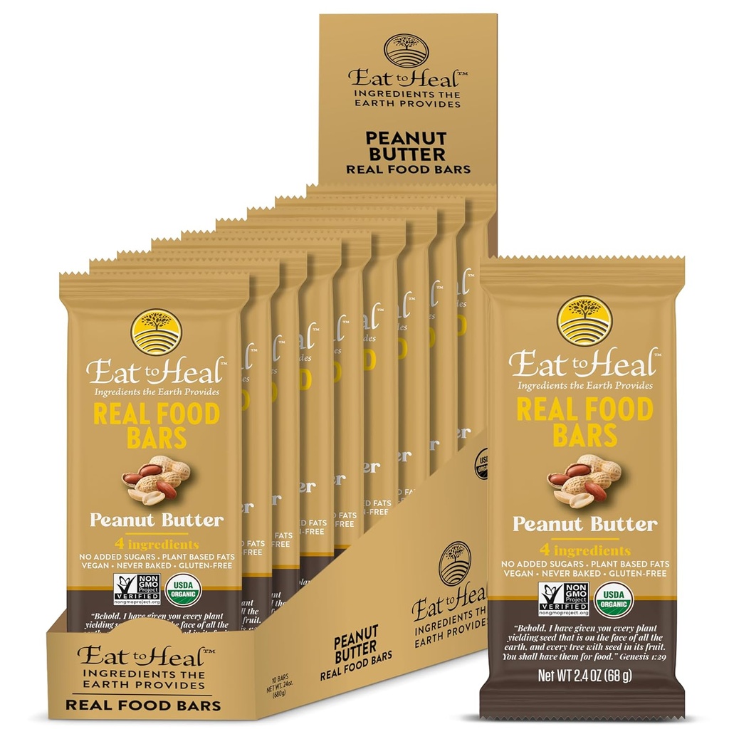 EatToHeal Peanut Butter Real Food Bar - Organic Vegan Healthy High Protein Bars - Low Sugar Meal Replacement, Non GMO, Never Baked, Plant Based, Gluten Free - Crafted to Enjoy, Not Sit on Shelves