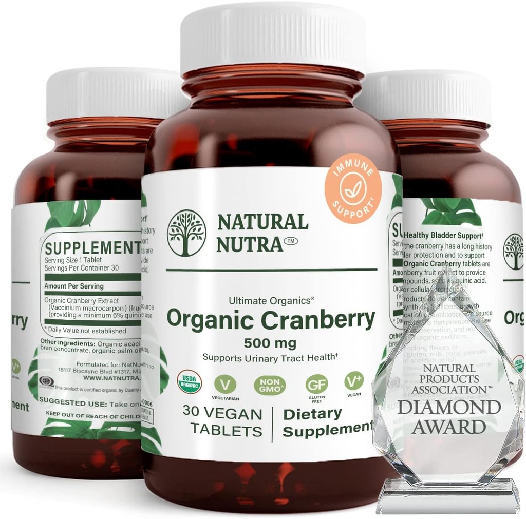 Natural Nutra Organic Cranberry Extract Suplemento, Ayuda a prevenir el dolor urinario, promueve la salud ósea, ayuda a mantener la salud cardíaca, mejorar la digestión, promover la salud de la piel, 30 tabletas, un mes de suministro