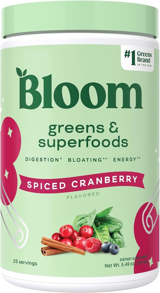 Bloom Nutrición Superalimentos Verdes Polvo, Enzimas Digestivos con Probióticos y Prebióticos, Salud Gut, Alivio de Bloating para Mujeres, Clorella, Mezcla de Jugo Verde con Root de remolacha, 25 SVG, Arándano picado
