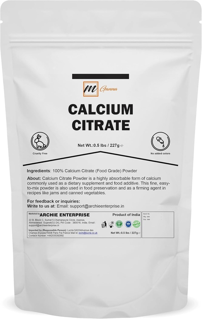 100% Calcium Citrate Powder (Food Grade) Versatil, Altamente Absorbable Calcium Fuente 0.5 lbs/ 227 g