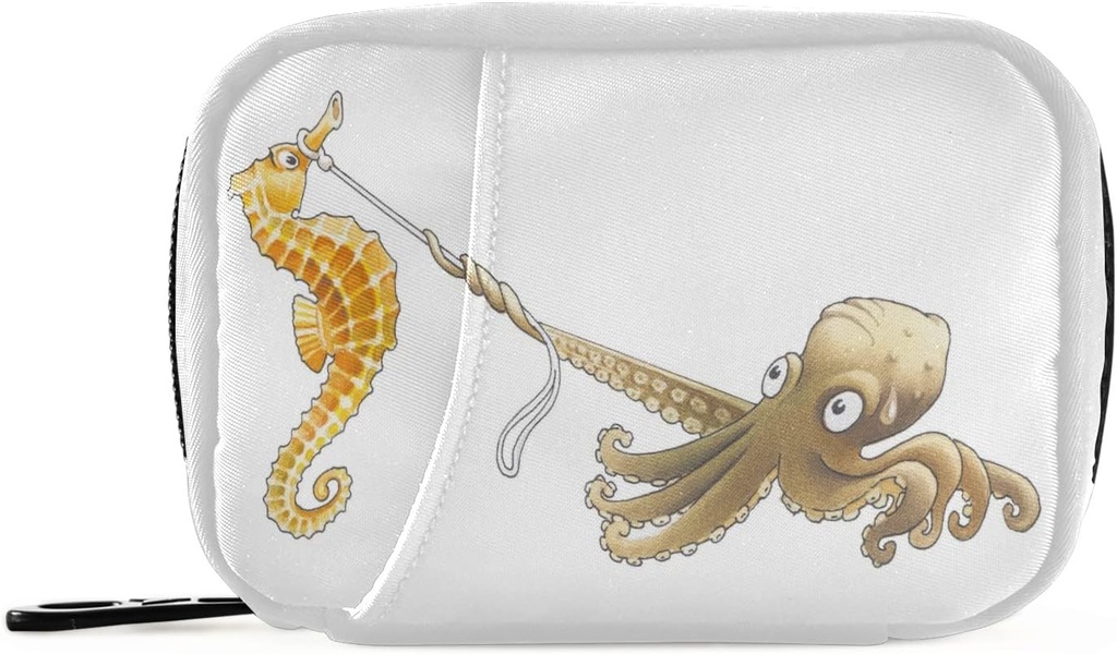 Funny Seahorse Octopus Pill Box 7 Day Pill Case Travel Pill Organizer Bag with Zipper Bag Portable Weekly Case Compact Size for Vitamin Supplement Holder