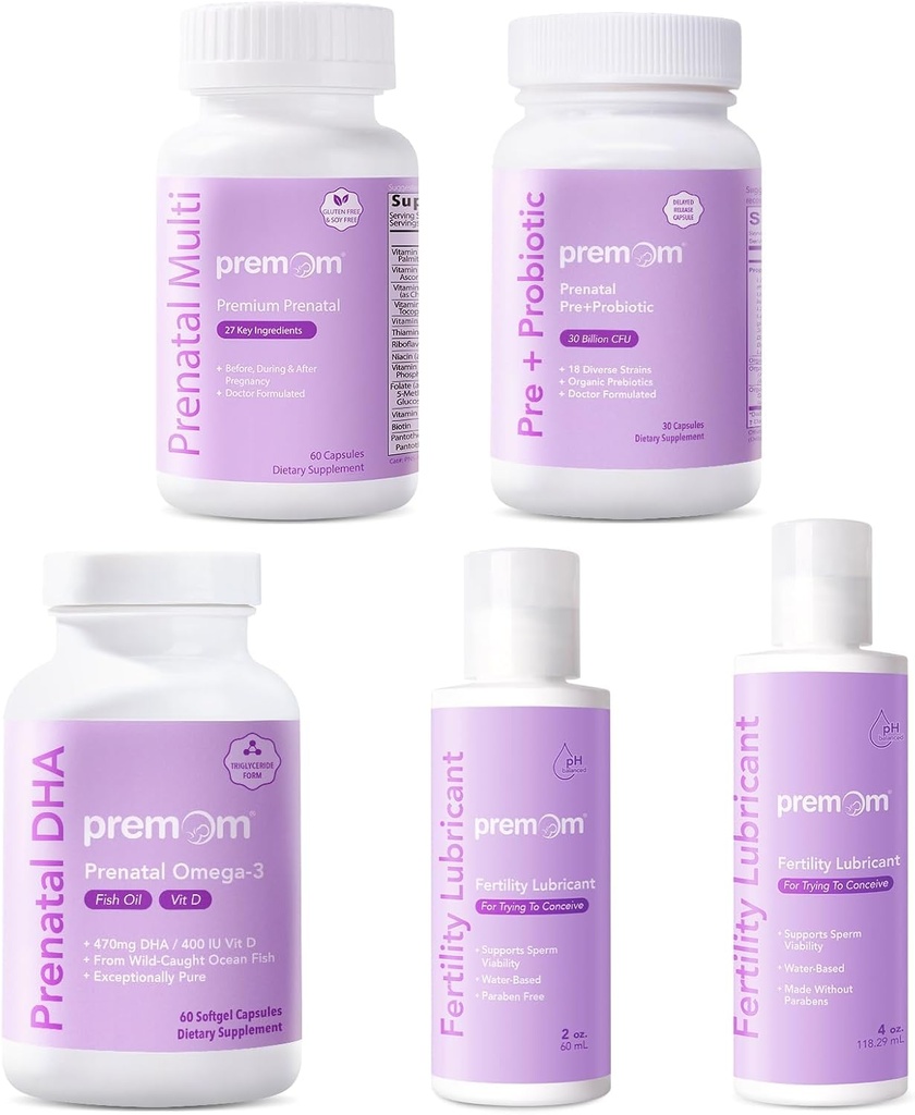 Premom Multivitamínico para Mujeres + Prenatal DHA Fish Oil + Prenatal Pre &amp; Probióticos + Lubricante de Fertilidad Personal para Concepción 2 Puls4 Fl Oz