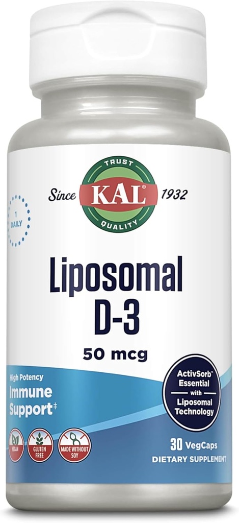 Vitamina Liposómica KAL D3 50 mcg, Alta Absorción Vitamina D, Tecnología Liposomal, Soporte Inmunitario de alta potencia, cápsulas veganos, libre de gluten, No soy, 30 Actuaciones