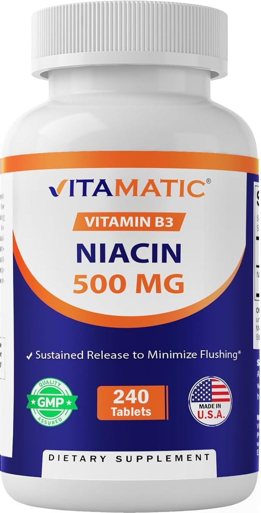 Vitamatic Niacin (Vitamin B3) 500mg, Sustained Release, 240 Tablets - Non-GMO &amp; Gluten Free